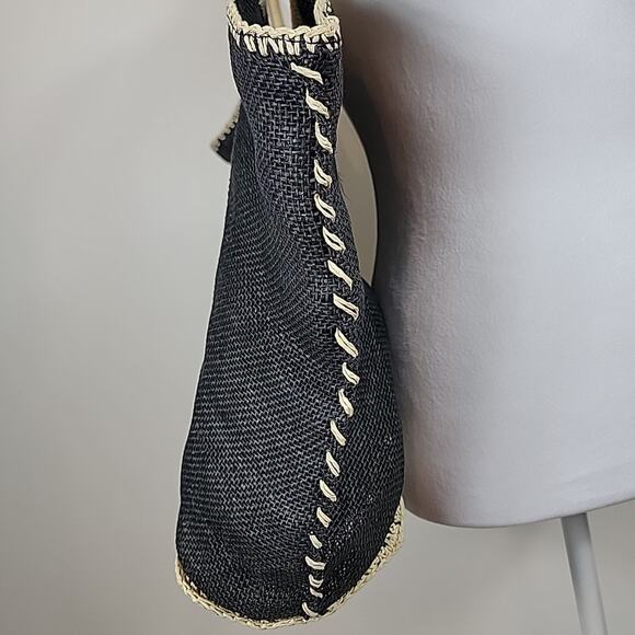 Cappelli Straworld Purse Black Lg Woven Straw Boho Hobo Coastal Resort Cruise - Picture 4 of 16
